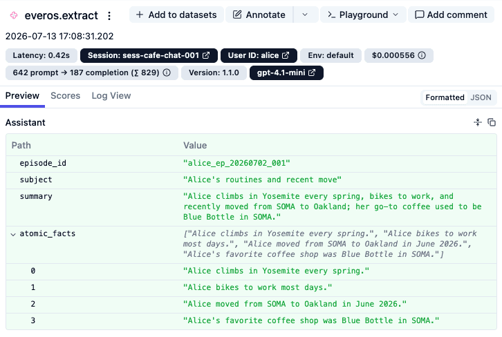 EverOS extraction as a generation, with model and token usage